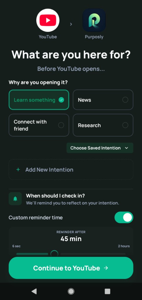 Android intent gate: What are you here for? before Instagram opens